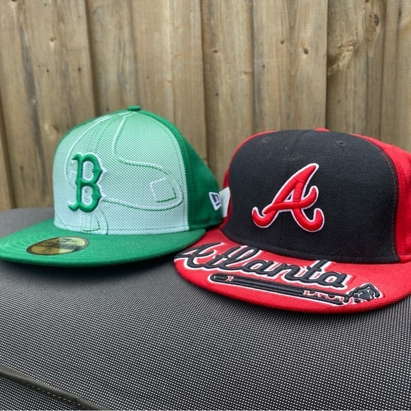 LOT OF 2 Vintage Embroidered MLB Boston Red Sox Atlanta Baseball Cap Hat New Era - Picture 2 of 12